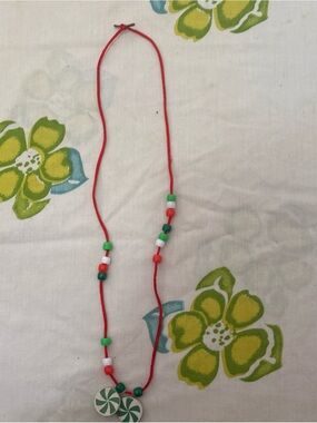 Vintage Red Beaded Necklace with Green & White Accents